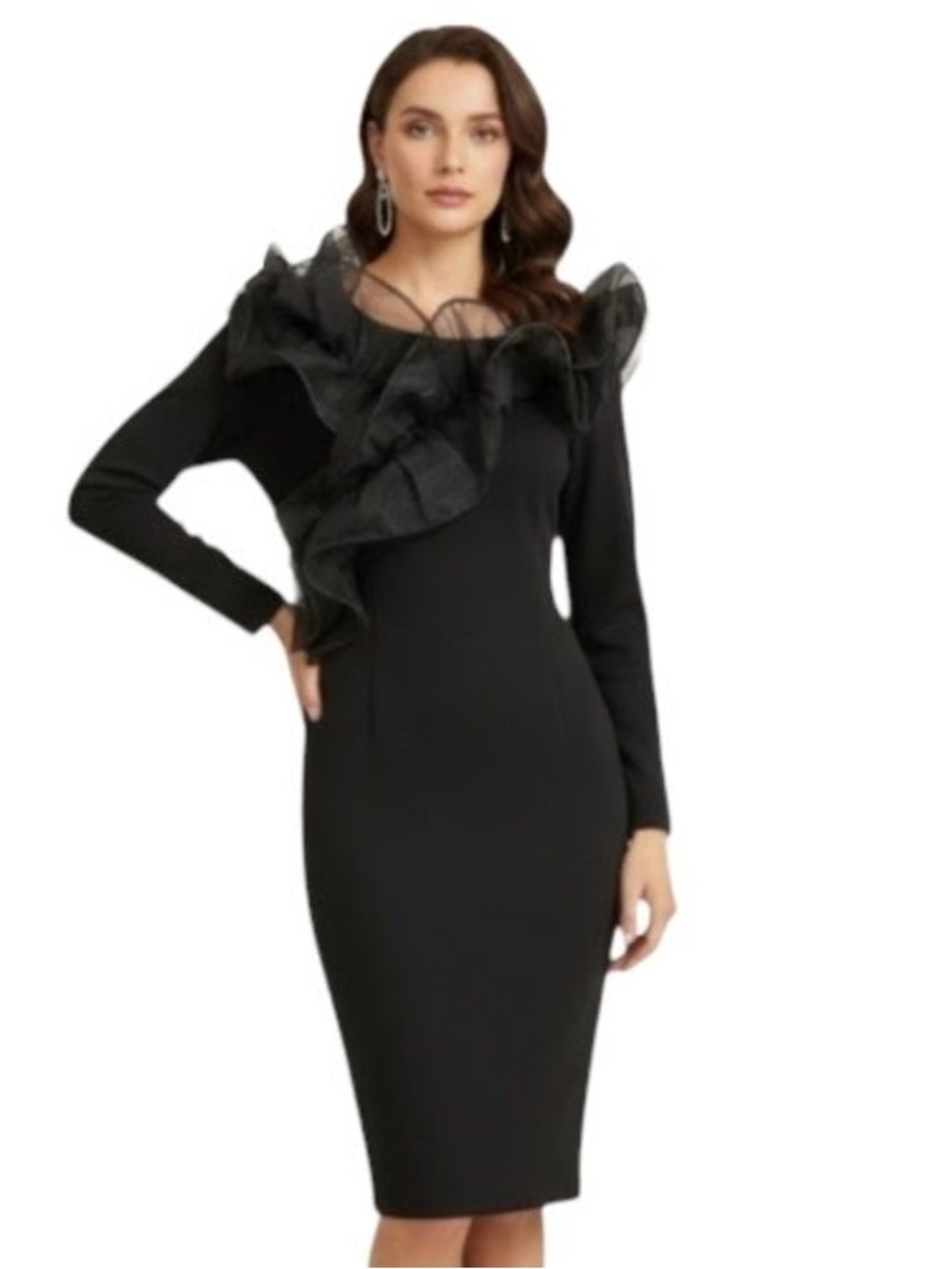 Boston Proper Women's Formal Cocktail Black Ruffle Long Sleeve Dress Size 10